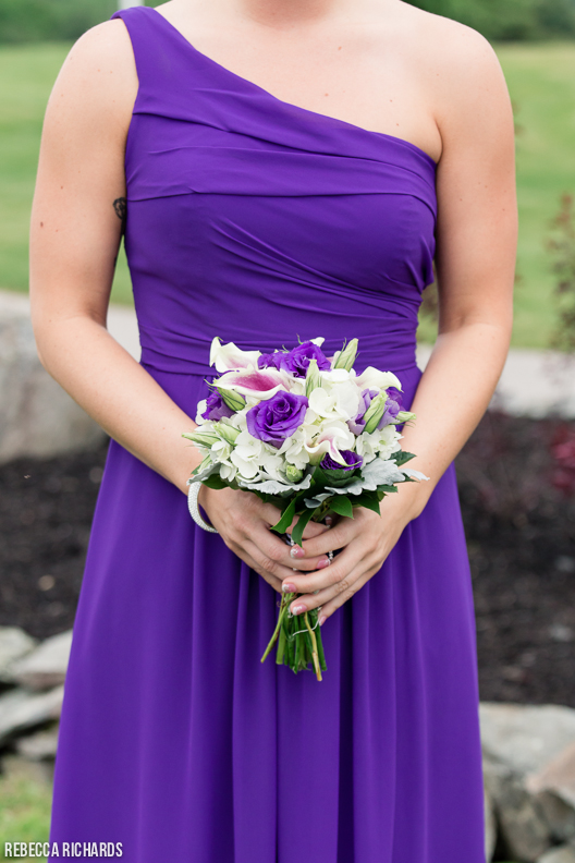 Bright purple bridesmaid dress with white and purple flowers - bouquet - Maine wedding photographer
