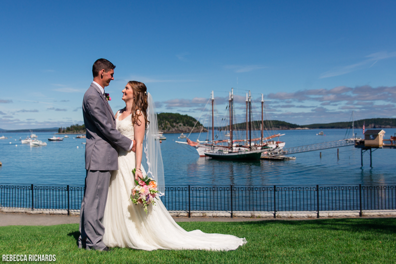 Perfect wedding portrait of bride and groom in downtown Bar Harbor, Maine. Rebecca Richards | Maine Wedding Photographer