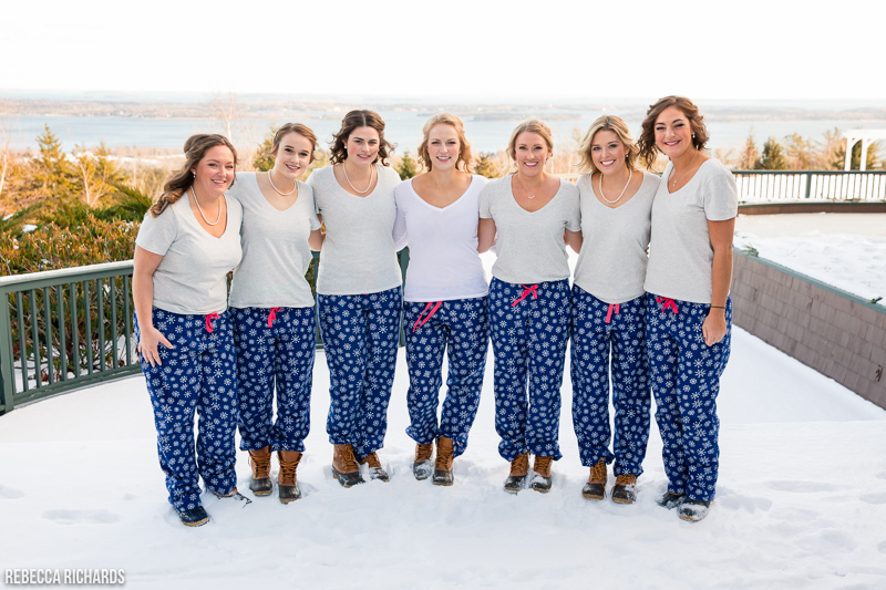 Bride and bridesmaids in matching pjs and bean boots on wedding day | Rebecca Richards Photography
