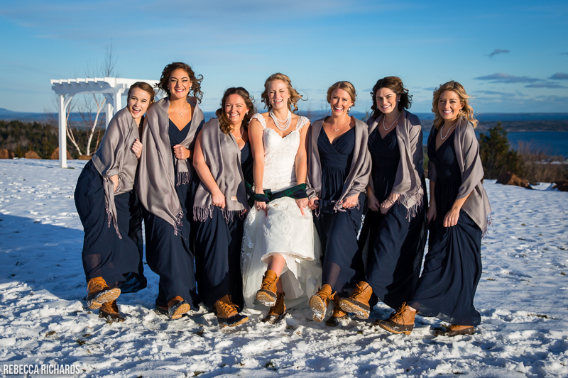 Maine winter wedding in snow with ll bean boots for bridesmaids | point lookout resort | www.rebecca-richards.com